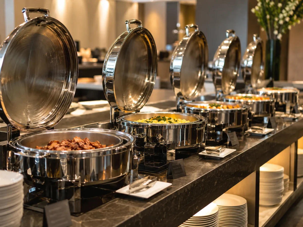 Buffet dining with covered hot dishes at DaVinci Beach in Hurghada