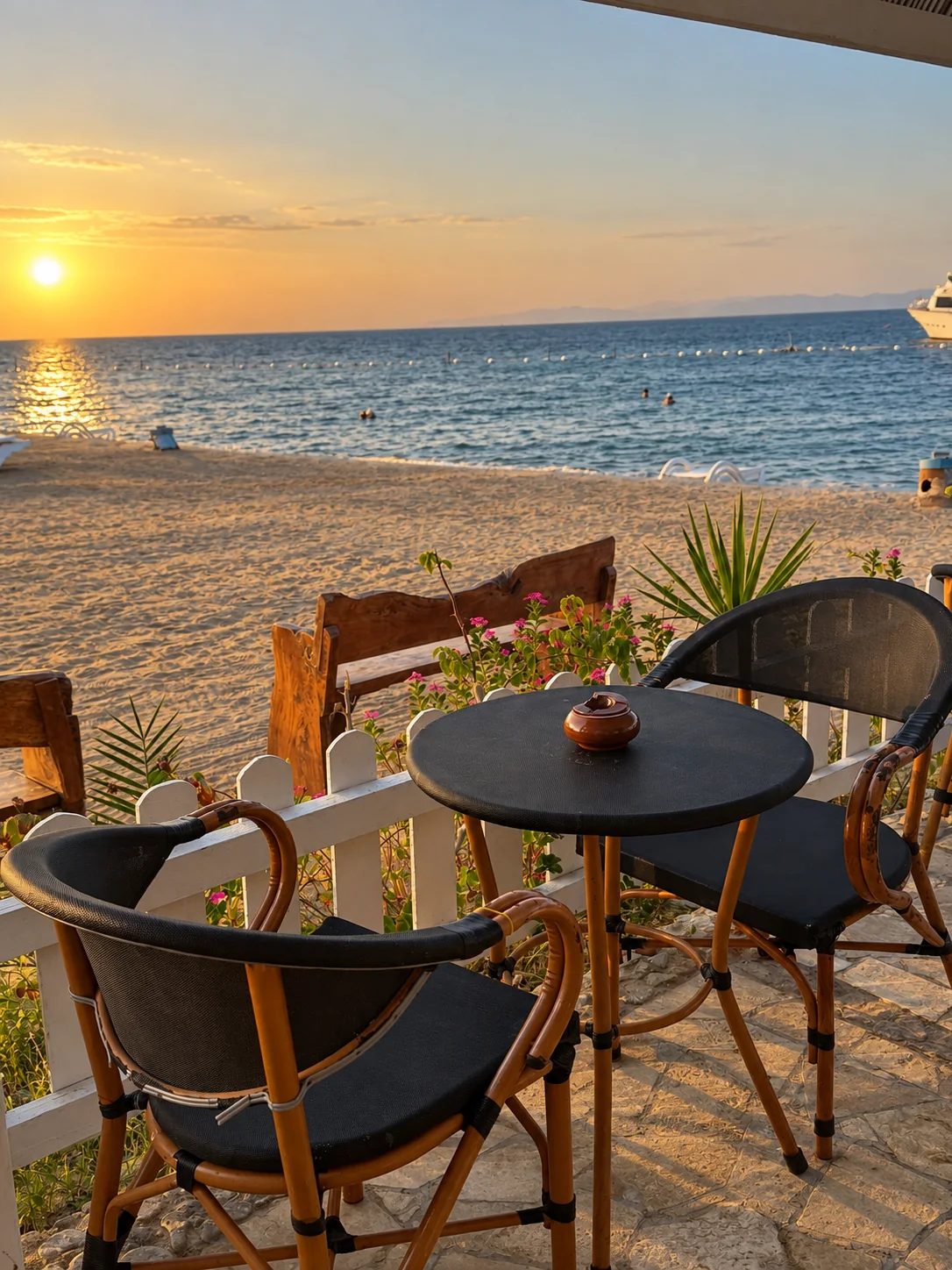 Sunset over the Red Sea viewed from a beachfront terrace at DaVinci Beach in Hurghada